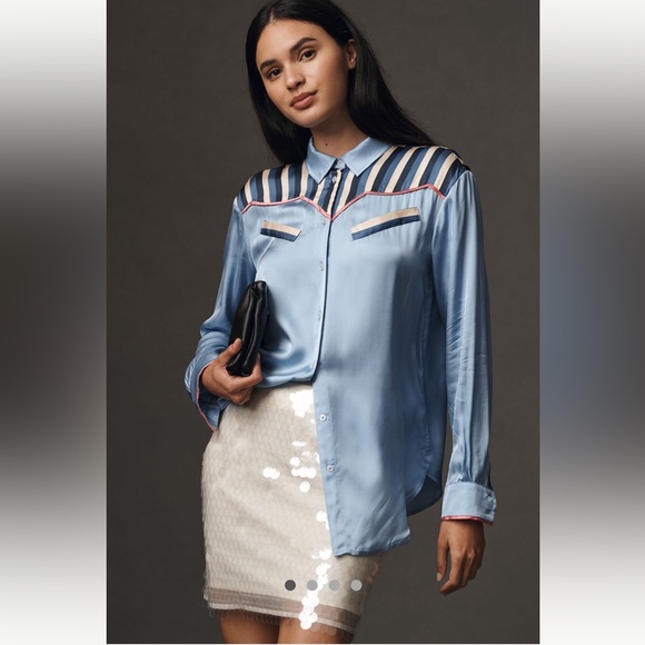 🎉SUPER RARE🎉Anthropologie NWT  Long-Sleeve Silky
Western Buttondown Blouse M. - Picture 2 of 11